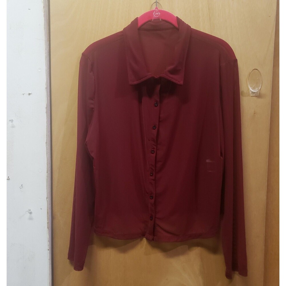 Shein Curve Burgundy sheer button front Long sleeve blouse 1x YYY Pit-pit 18"